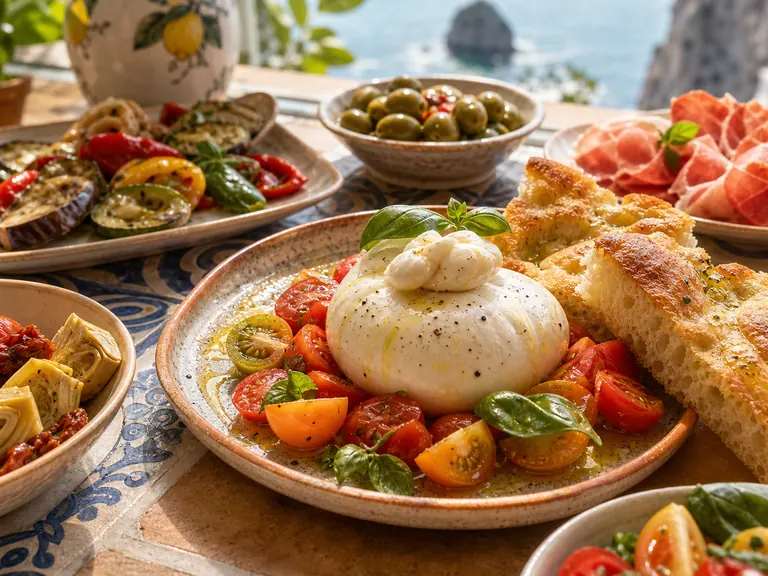 Burrata y antipasti para compartir