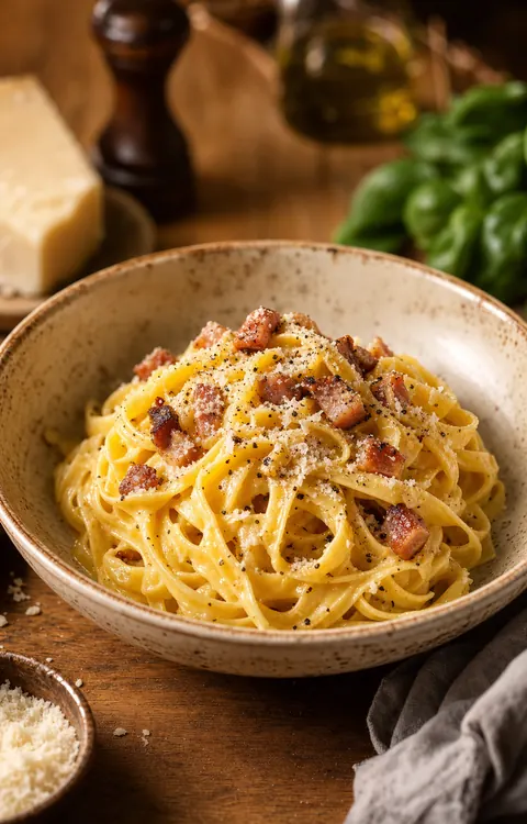 Pasta carbonara con guanciale y pimienta negra